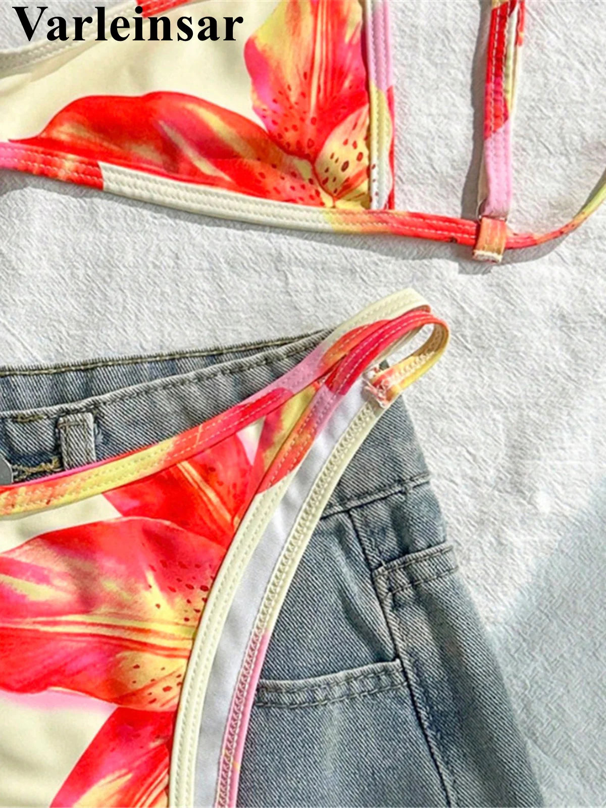 S - XL Flower Printed Bikini Female Swimsuit Women Swimwear Two-pieces Bikini set High Leg Cut Bather Bathing Suit Swim V7800