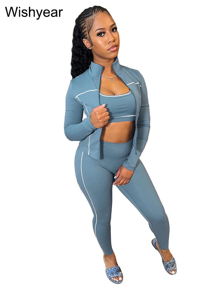 Sports Women's Stripe Pink 3-Piece Pants Set Long Sleeve Crop Top Tank Leggings Skinny Autumn Active Fitness Streetwear Outfits