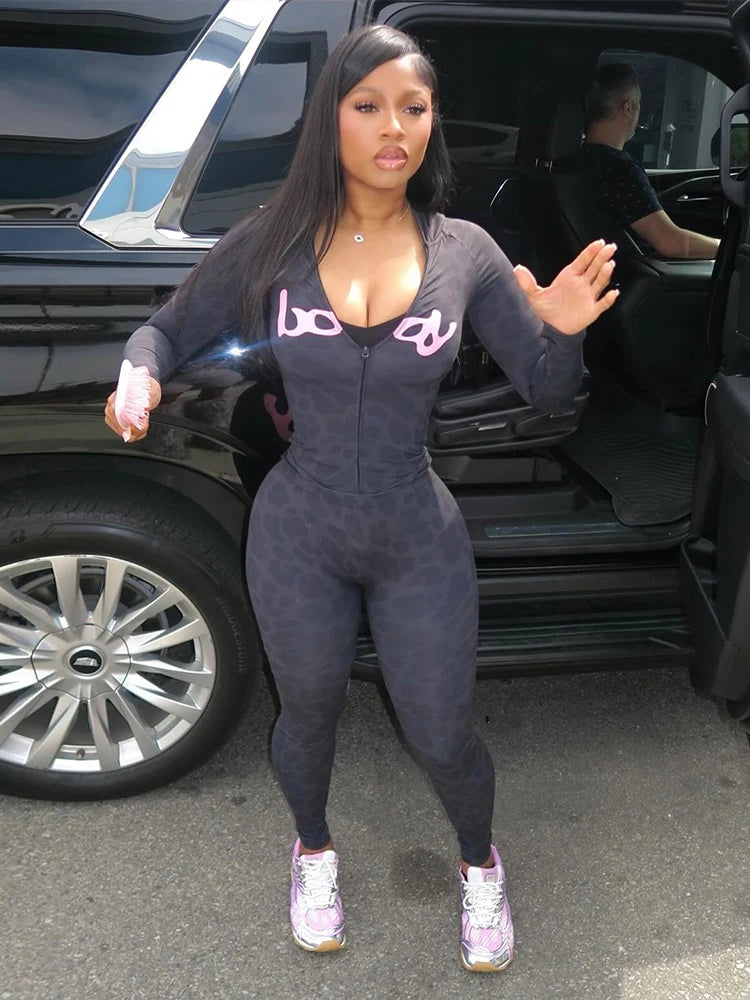 Weird Puss Letter Leopard Print 2 Piece Set Women Casual Zip Hooded Crop Jacke+Leggings Matching Stretch Sporty Street Outfits