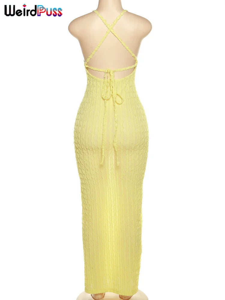 Weird Puss Backless Halter Dress Women Cross Bandage Sleeveless Sexy Elegant Skinny Stretch Wedding Party Maxi Bodycon Vestidos