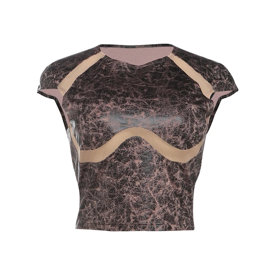 Weird Puss Mesh Patchwork Crop Tops Women Fashion Print o-Neck Sleeveless Skinny Stretch Hot Girls Street Fashion Wild T-Shirts