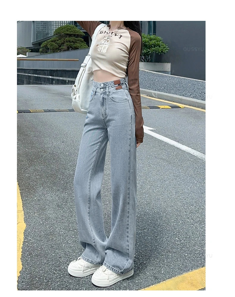 OUSSYU Woman Jeans High Waist Straight Wide Leg Cotton  Clothing Blue Streetwear Vintage Fashion Harajuku Women Trousers