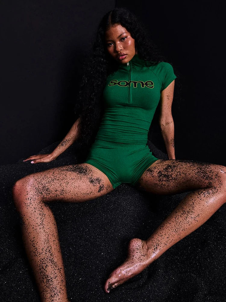 Weird Puss Letter Print Women2 Piece Set Casual Sporty Zip Crop Tops+Shorts Matching Streetwear Stretch Skinny Streetwear Suits