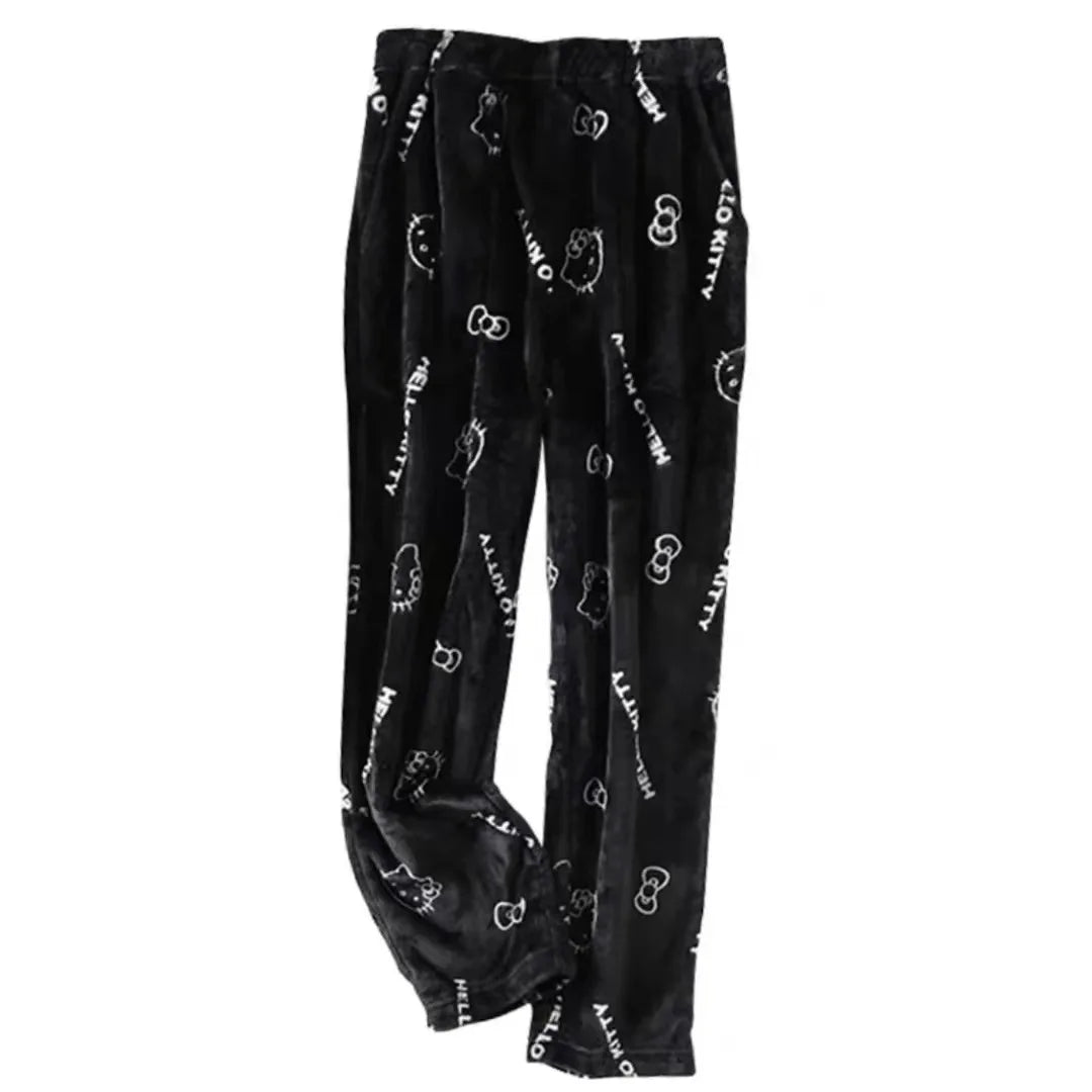 Sanrio Hello Kitty Soft Flannel Wide Leg Pajama Pants Printed Casual Home Loungewear For Women Daily Sleeping Relaxing Wear