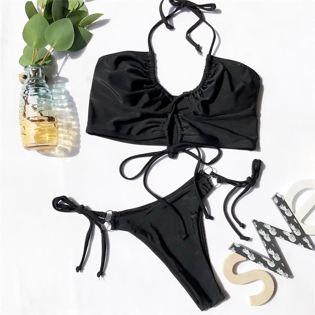 Sexy High Cut Leopard Bikini Women Swimwear Female Swimsuit Two-pieces Bikini set Lace Up Bather Bathing Suit Swim V1708