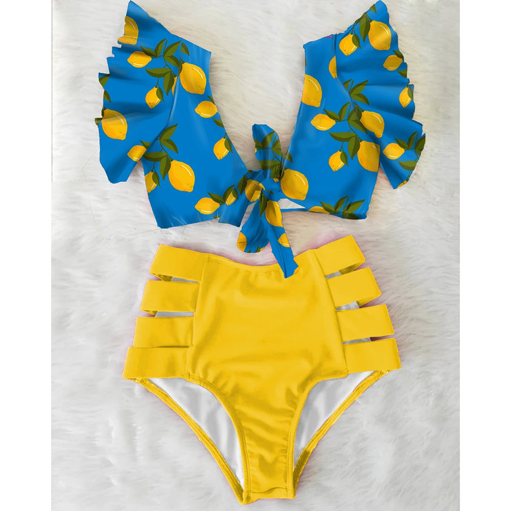 2026 High Waist Bandage Bikini Set For Women Floral Printed Ruffle Bikinis Push Up Strappy Brazilian Biquini Swimwear Swimsuit