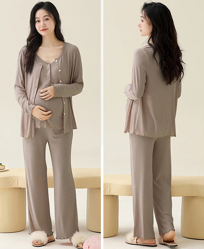 Pregnancy Comfort Pajamas Set Solid Color Long-sleeved Pants and Halter Vest Three-piece Maternity Nursing Homewear Sleepwear