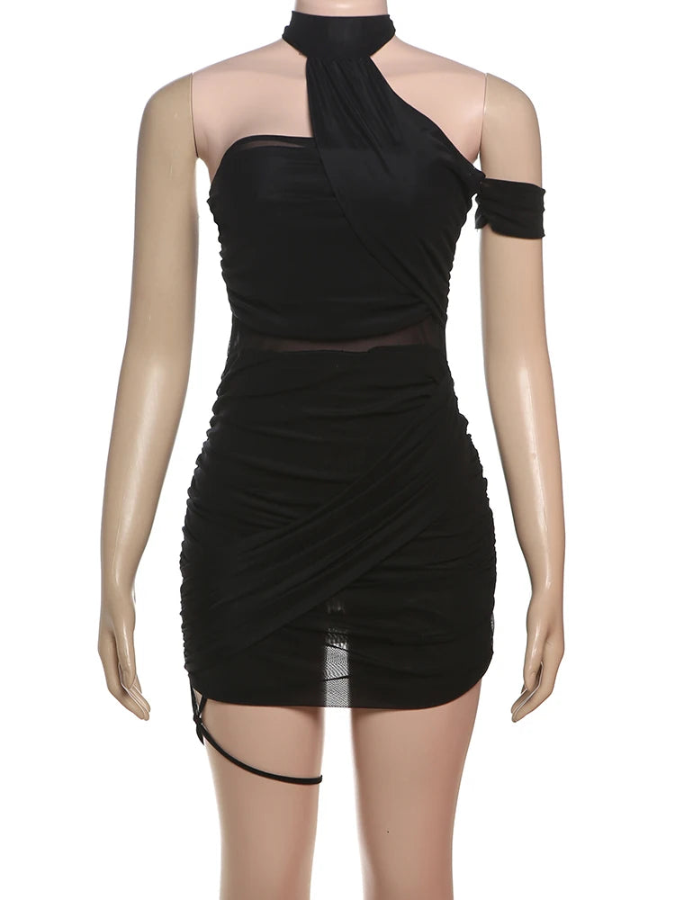Sheer Backless Halter Mini Dress