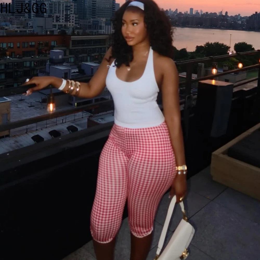 HLJ&GG Summer New Halter Tank Top Two Piece Sets Women Backless Slim Vest And Plaid Print Shorts Outfits Fashion 2pcs Streetwear