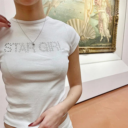 Star Girl Bling Rhinestones Women Grunge T-shirt Y2k Aesthetic Clothes Vintage Street Tee Grunge Graphic Short Sleeve Tops