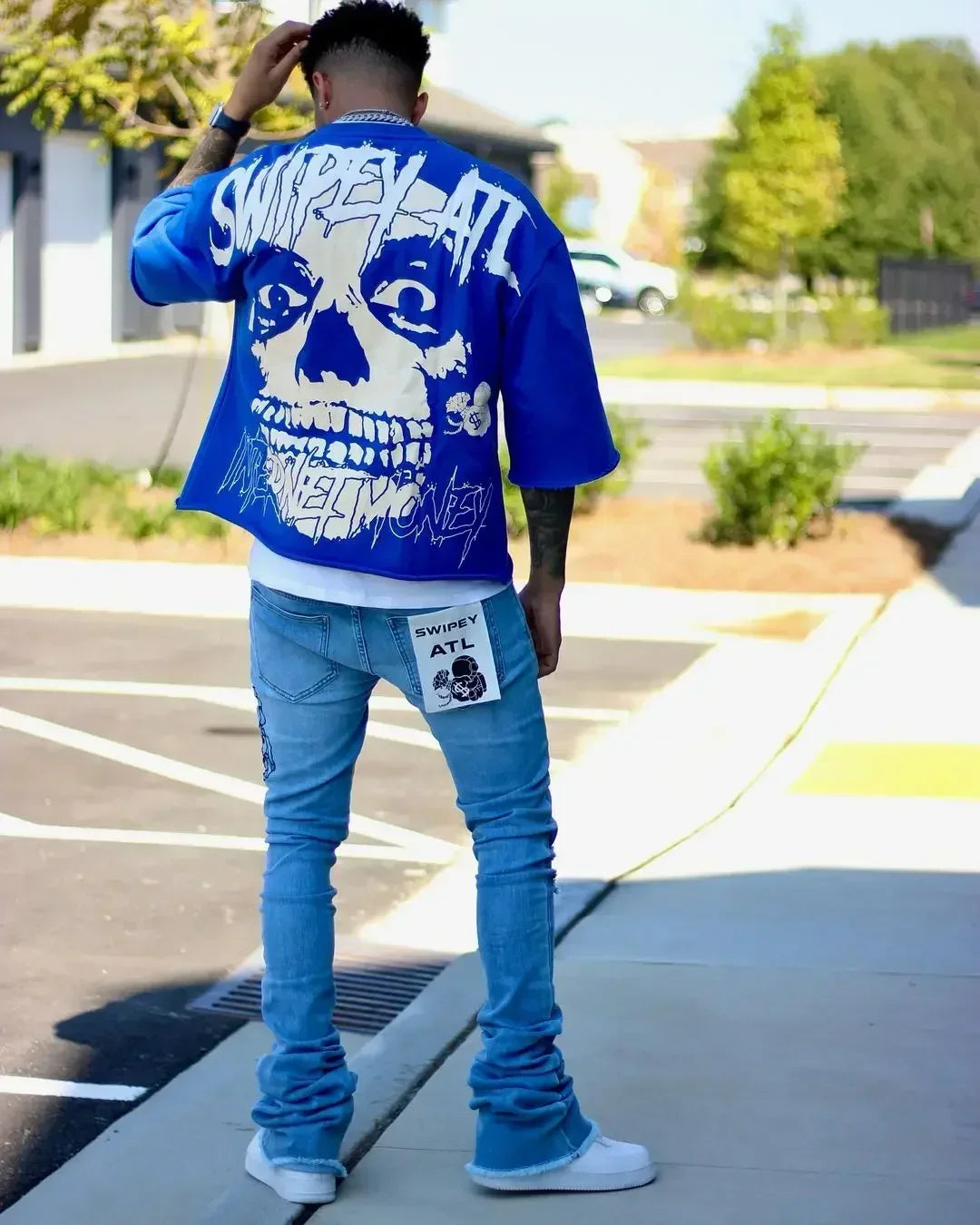 Oversized Blue Couple Gothic Cropped T Shirt Men Women Harajuku Pretty Btches Love Swipers Graphic T-Shirt Streetwear