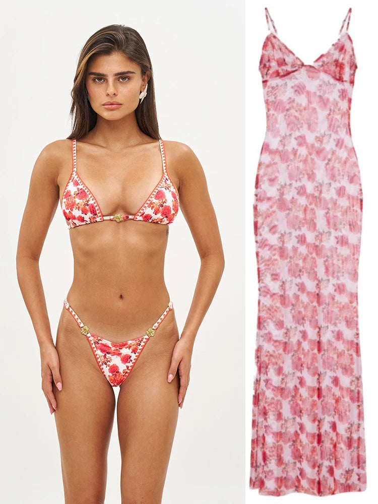 ZRTAK Long Beach Dress Ruffles Bikini Cover Up 2026 Floral Printed Swimsuits Dresses Women Sexy Cover-Ups Summer Swimming Wear