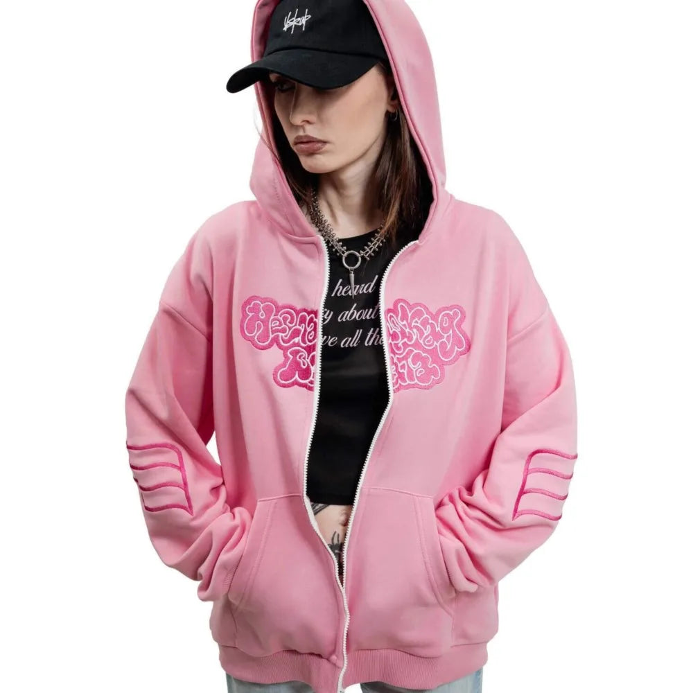 Y2K Harajuku Вата Zip Up Hoodie Cartoon Letter Embroidery Sweatshirt Men Hip Hop Oversized Streetwear Zipper Jacket Goth Clothes