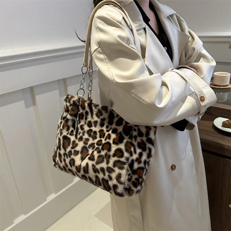 National Style Simple Women Leopard Tote Bag Lady Luxury Fluffy Shoulder Bag Chain Large Capacity Commuter Handle Bag