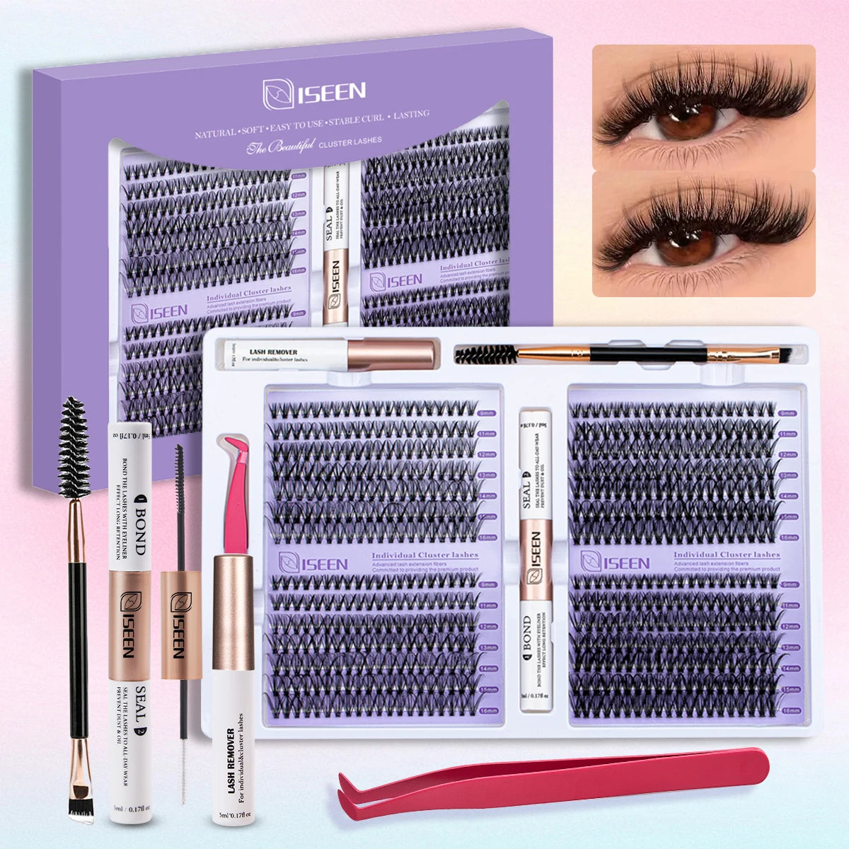 ISEEN DIY Eyelash Extension Kit Cluster Mix Eyelashes Full  Lashes Kit with Lash Bond & Seal and Eyelash Tweezers and Brush