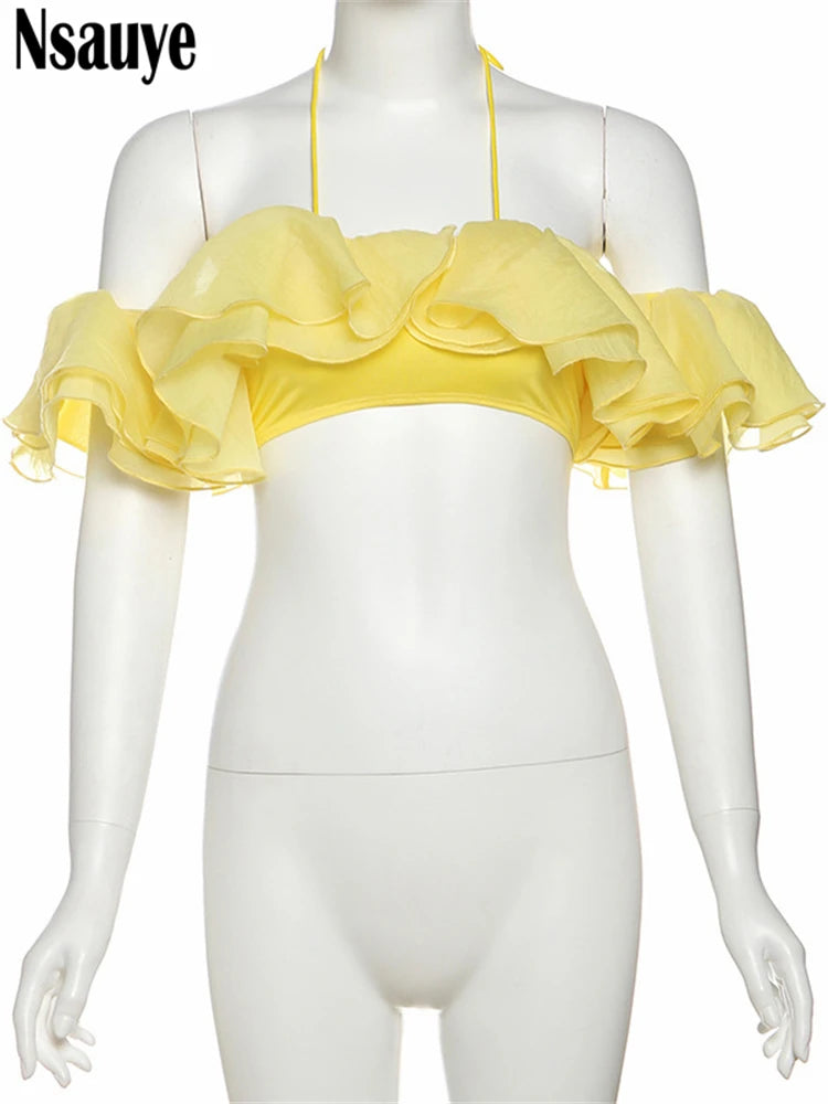 Nsauye Kawaii Cute Off Shoulder Aesthetic Crop Top Streetwear Women Clothes Y2K Sexy Halter Backless Tank Tops Night Club 2025