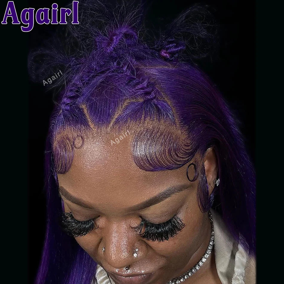 32" Dark Purple Straight Lace Frontal Wig 13x6 13x4 Lace Front Human Hair Wigs For Women Brazilian Remy Pre Plucked 6X4 Lace Wig