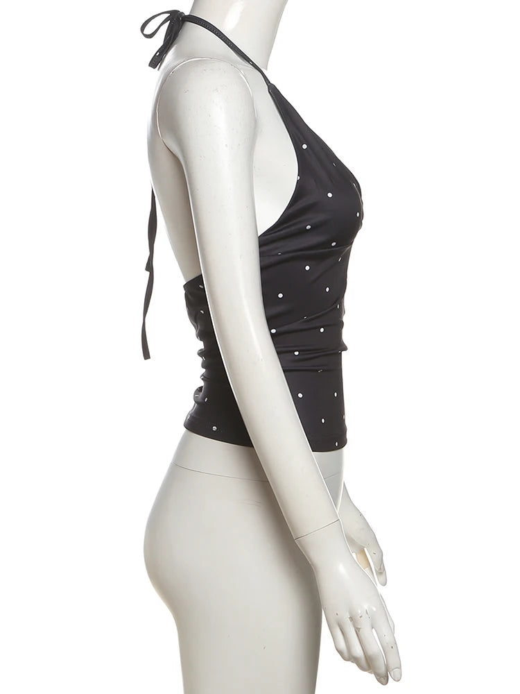 Weird Puss Polka Dot Print Tank Tops Women V-Neck Halter Lace-Up Backless Sleeveless Skinny Sexy Daily Street Summer Basic Vest