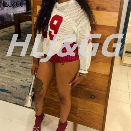 HLJ&GG Fashion Mesh Hollow Letter Printing Loose Tshirts Women V Neck Long Sleeve Sporty Street Tops Y2K Summer New Tees Wear