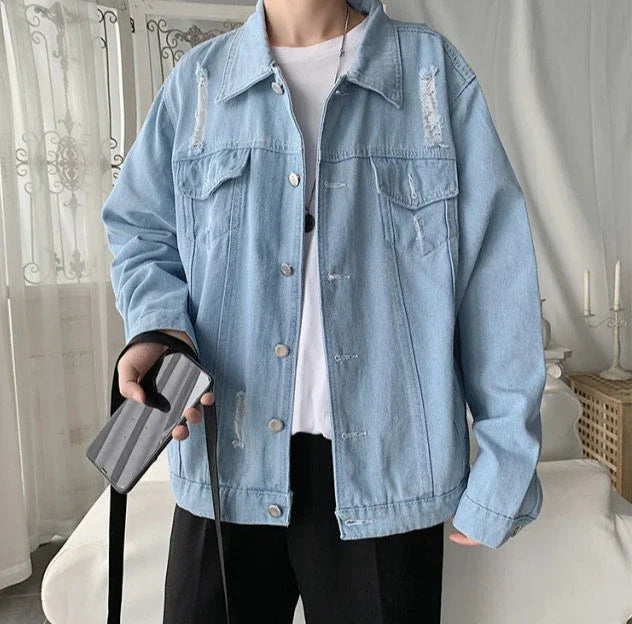 Button Short Casual Slim Cowboy Coat for Men Korean Popular Clothes Denim Jackets Man Loose New In Designer Branded Rock Lxury