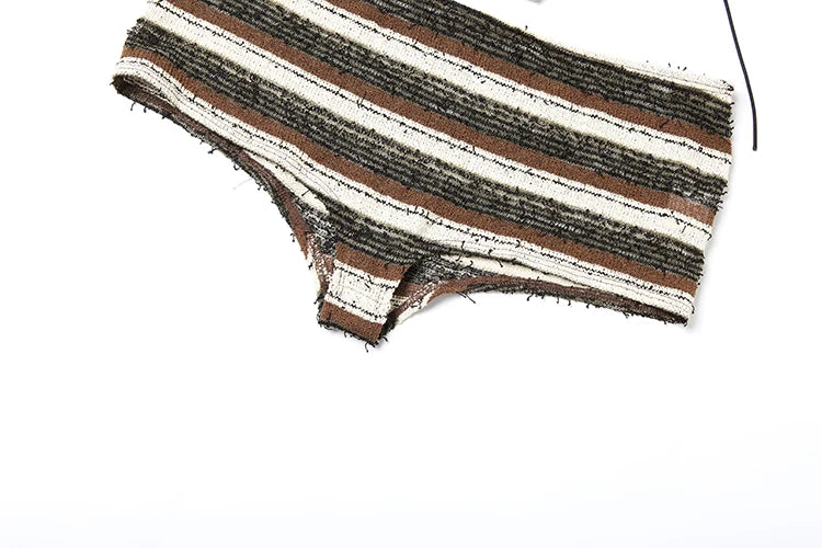 Weird Puss Ripped Tassel 3Piece Set Women Sexy Crochet Y2K Bandage Bra+Thong+Shorts Beach Vacation Midnight Club Party Swimsuit