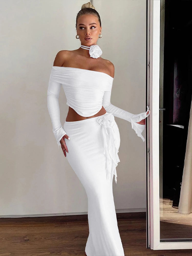 Dulzura Matching Suit Neck Accessories 3D Flower Off Shoulder Long Trumpet Sleeves Crop Top Tassel Maxi Skirt 2024 Autumn Women