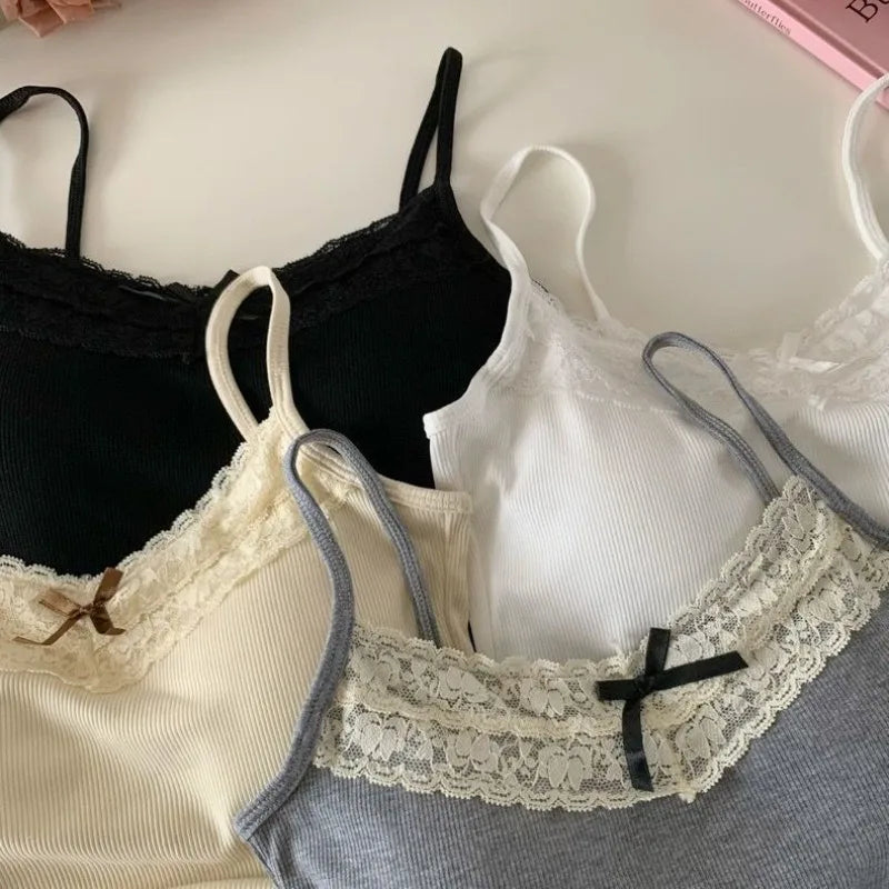 Women Camisole Tank Tops Sexy Bow Sleeveless Corset Top with Chest Pad Sweet Lace Patchwork Crop Tops Summer Slim Elegant Camis