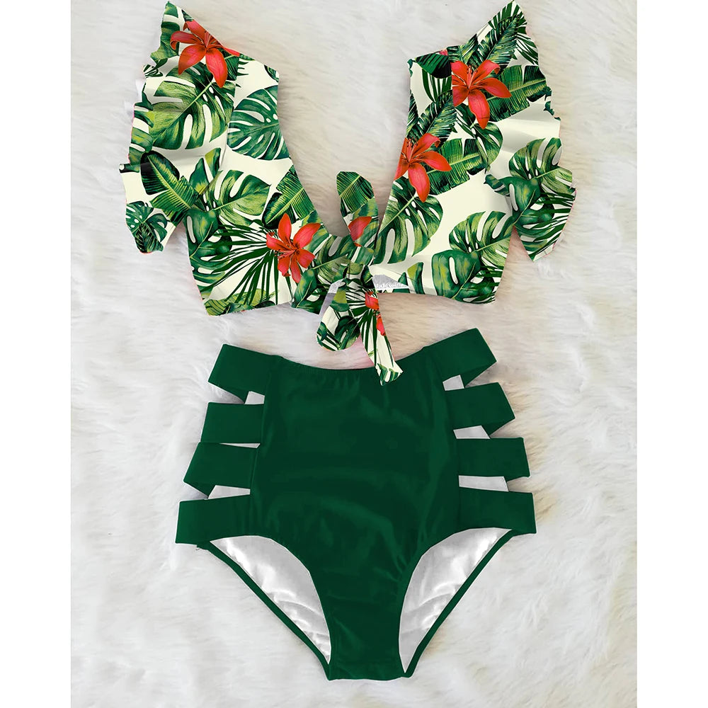 2026 High Waist Bandage Bikini Set For Women Floral Printed Ruffle Bikinis Push Up Strappy Brazilian Biquini Swimwear Swimsuit