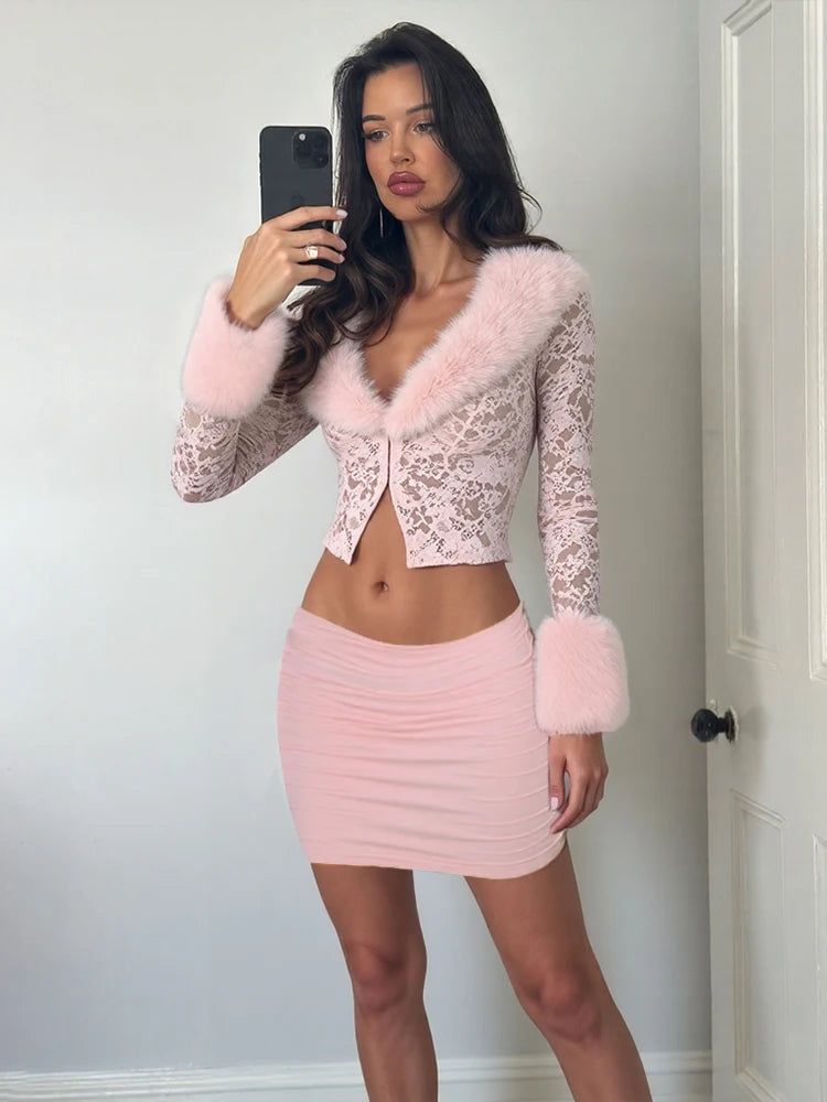Weird Puss Furry Jacquard Patchwork 2-Piece Set Women Hook Buckle Crop Top+Stretch Ruched Peach Hip Skirt Sexy Skinny Outfits
