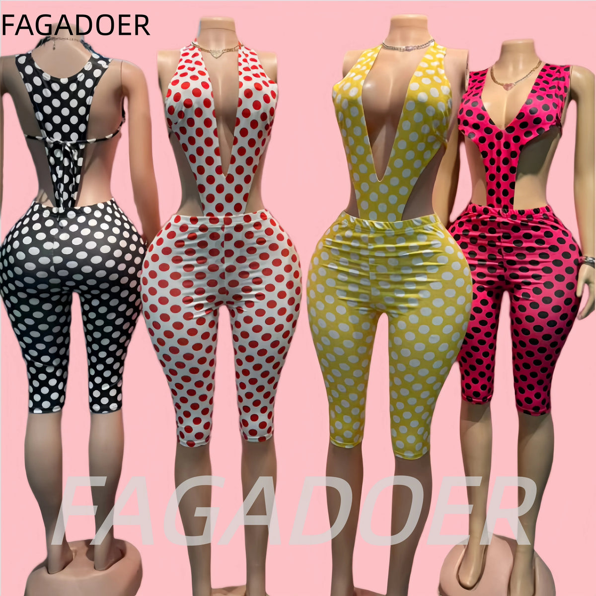 FAGADOER Retro Polka Dot Printing Deep V Two Pieces Sets Sexy Off Shoulder Bandage Bodysuits Top and Bodycon Shorts Outfits New