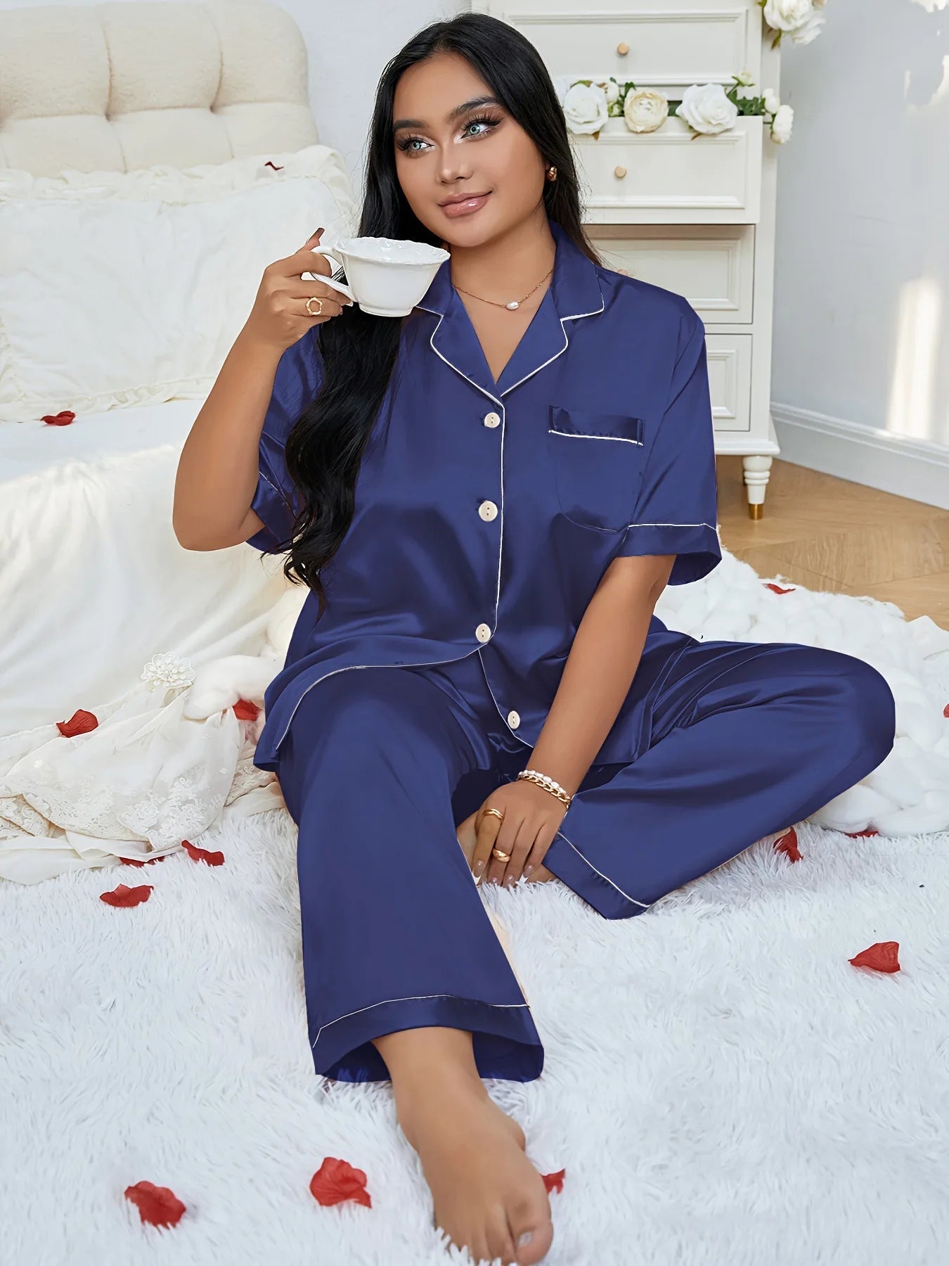 Plus Size 3XL 4XL 5XL Women's Sleepwear Pajamas Set Spring Summer Short Sleeve Trouser Suits Loungewear Loose Satin Homewear