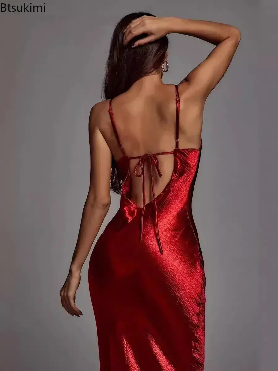 Metallic Gold Maxi Dress Elegant Satin Backless Women Gown Summer Spaghetti Strap Sleeveless Night Club Party Long Dress Vestido
