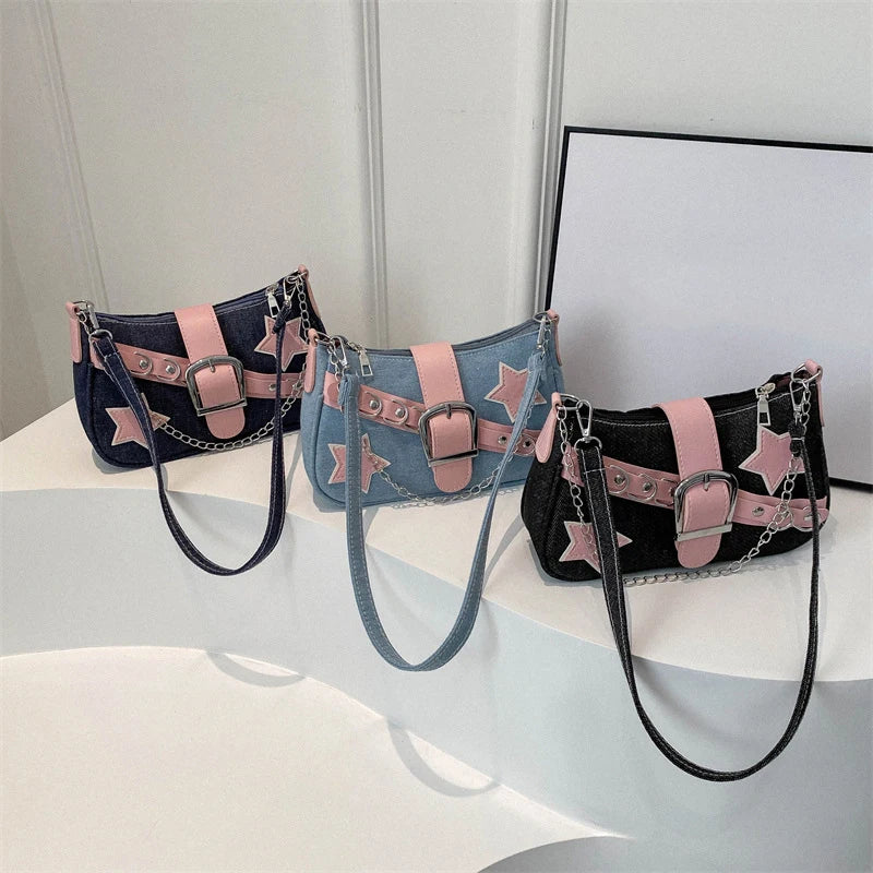 Fashion Women's Handbags Denim Stars Pattern Cool Girls Underarm Bag Female Small Shoulder Hobo Bags Chain Tote Bag