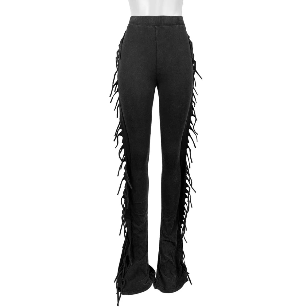 HLJ&GG Y2K American Vintage Letter Print Two Piece Sets Women V Neck Short Sleeve Slim Crop Top And Tassels Skinny Pants Outfits