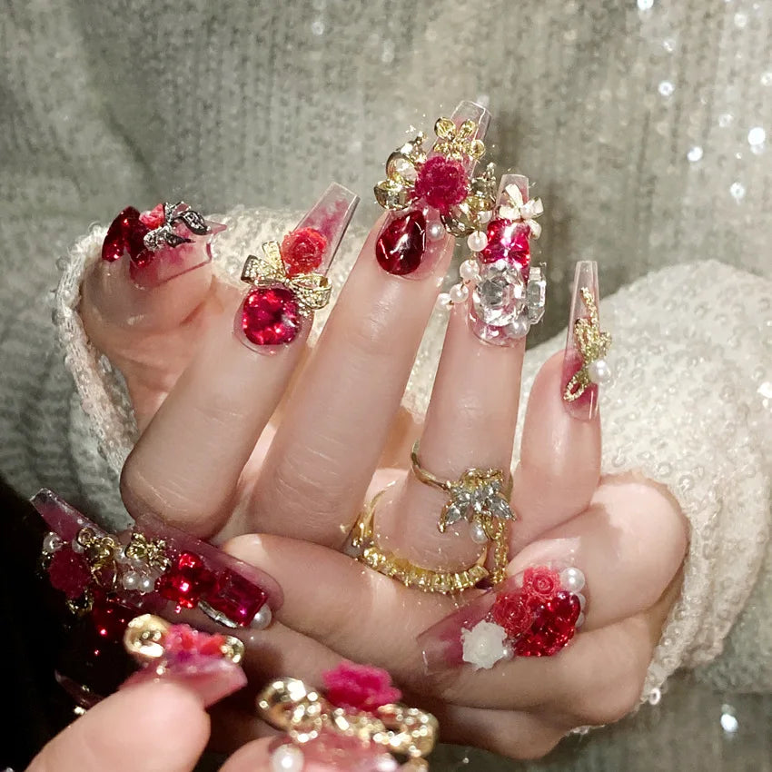 24pcs Heavy Metal Red Crystal Design False Nails 3D Gold Bow Pearl Decor Bride Fake Nail tips Full Cover Diamond Press on nails