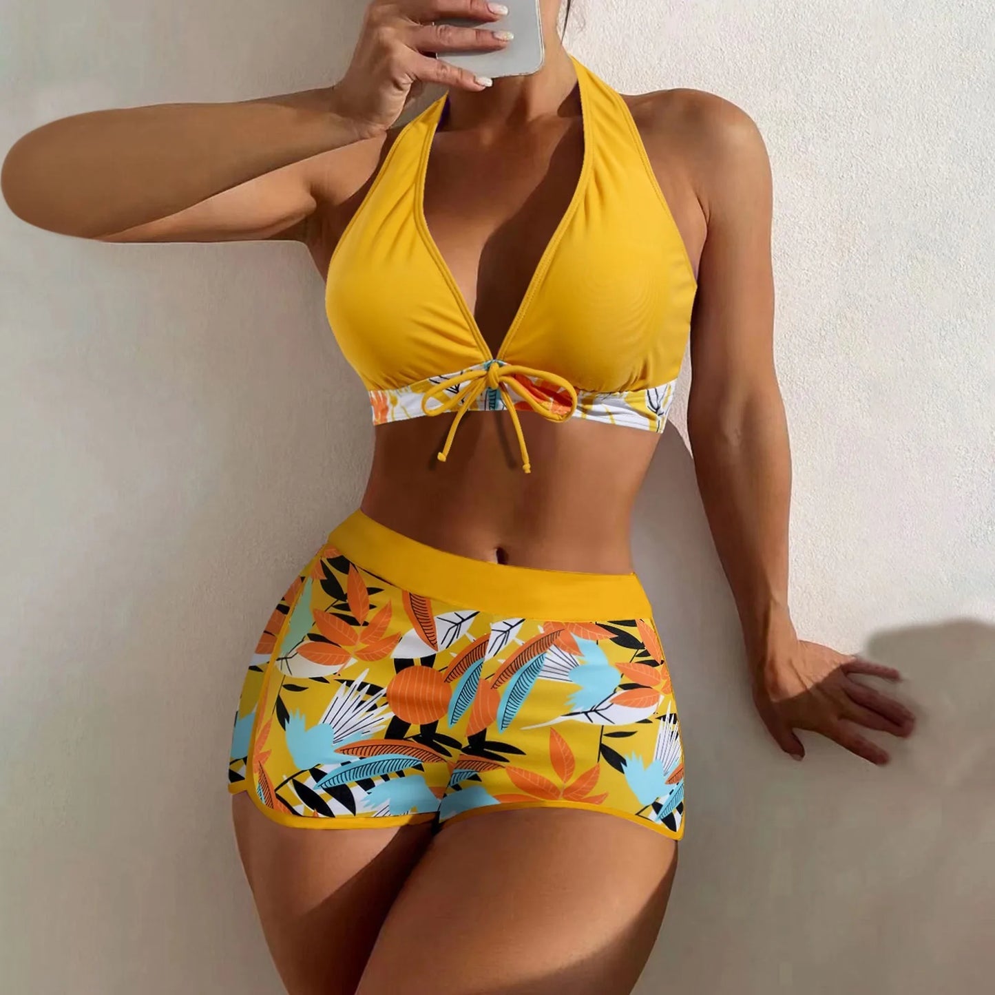 Shorts Bikinis Set  High Waist Swimsuit Women Swimwear  Plant Print Bathers Bathing Swim Suit Beachwear