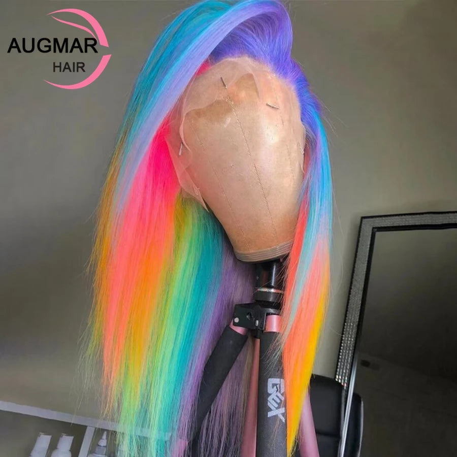 360 Rainbow Highlight Human Hair Wigs Transparent 13x6 HD Lace Frontal Wig Pink Purple Green Straight Lace Front Human Hair Wig