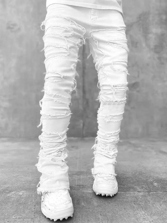 New Men's Fashion Jeans Work Pants, European and American Fashion Workwear Elastic Patchwork Denim Layered Flared Pants S-XXL