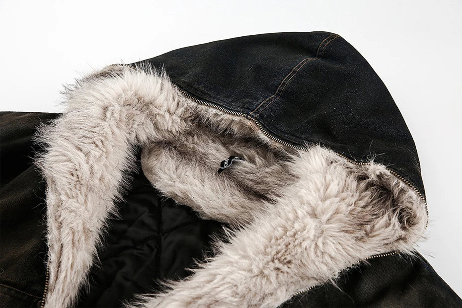 Vintage Denim Parkas Fur Warm Padded Jackets Men Streetwear Harajuku Oversized Bubble Coat Outwear