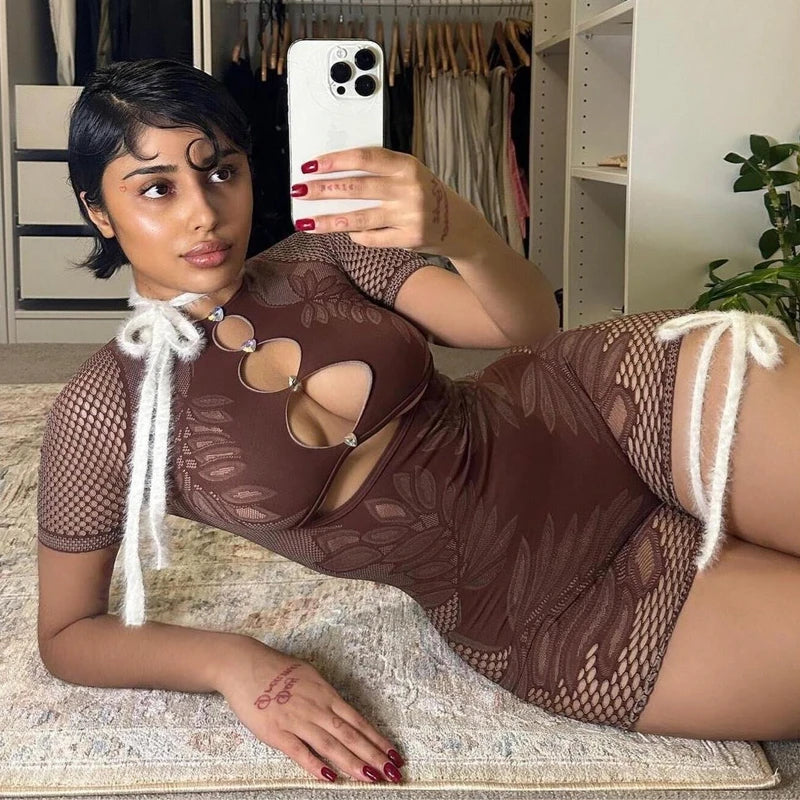 Weird Puss Hollow Diamond Playsuits Woman Summer Sexy Short Sleeve O-Neck Sport Knit Casual Comfortable Streetwear Skinny Romper