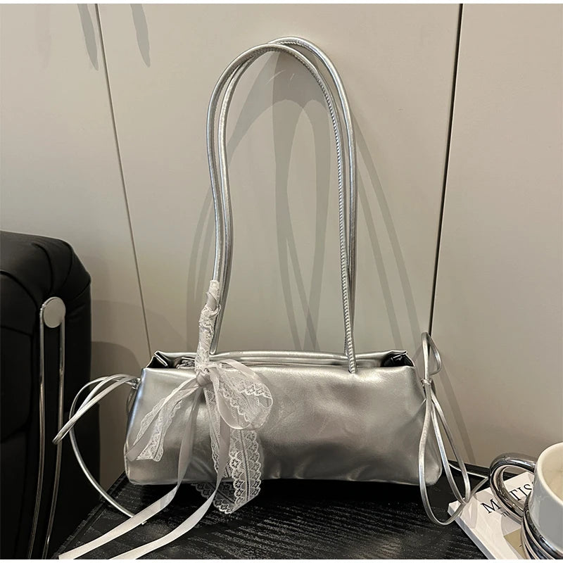 Korean Bow Ribbon Handbag Fashion Lace Square Shoulder Bag French Elegant Baguette Bag Leisure Large Capacity Tote Underarm Bag