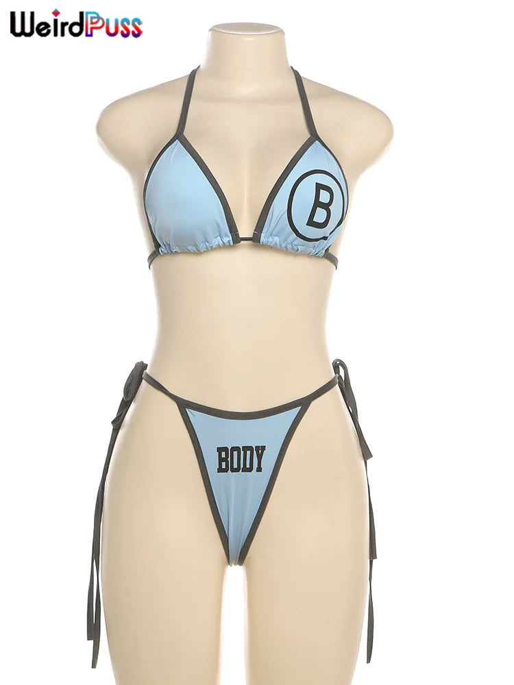 Weird Puss Beach Vacation 3Piece Set Women Letter Print Sexy Summer Bra+Bandage Briefs+Skirts Hipster Midnight Matching Clubwear