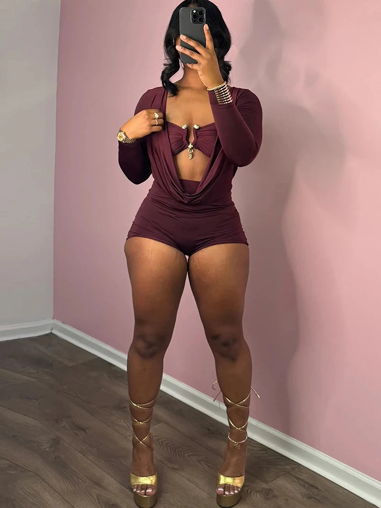Swing Collar Romper & Metal Buckle Bra Set — Women's Party