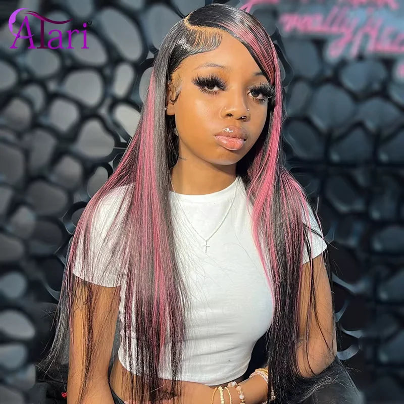 Purple Highlights 5x5 Lace Closure Human Hair Wigs Transparent 13x4 13x6 P1B Light Pink Lace Frontal Straight Wig Pre Plucked