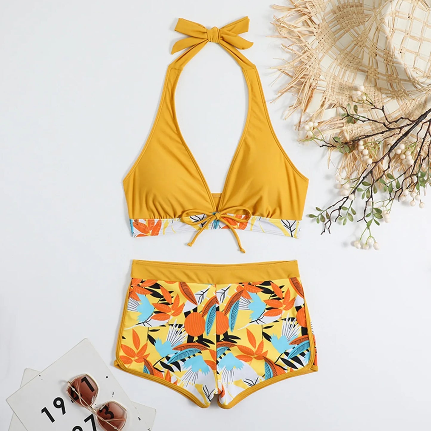 Shorts Bikinis Set  High Waist Swimsuit Women Swimwear  Plant Print Bathers Bathing Swim Suit Beachwear