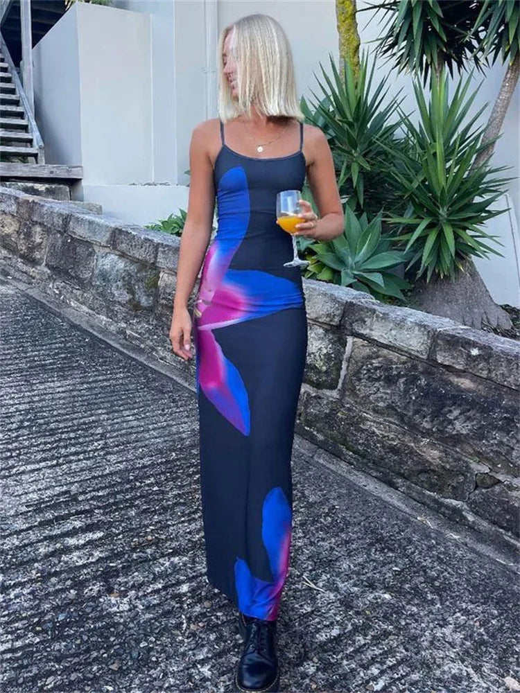 Elegant Printed Backless Long Dress Summer Women's Fashion Contrast Color Party Dress Patchwork Suspender Long Dress 2024 New