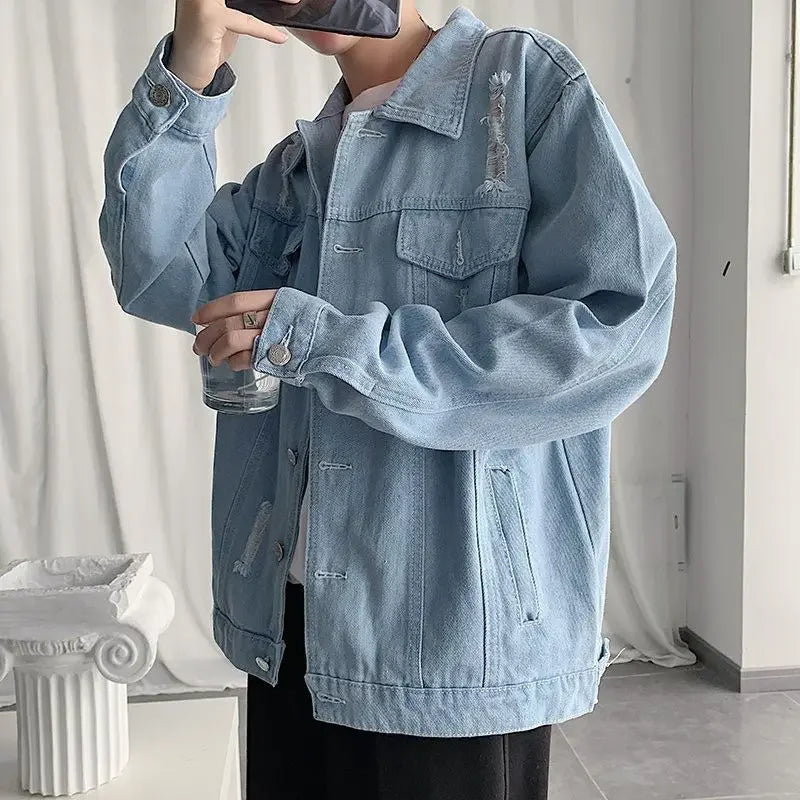 Button Short Casual Slim Cowboy Coat for Men Korean Popular Clothes Denim Jackets Man Loose New In Designer Branded Rock Lxury