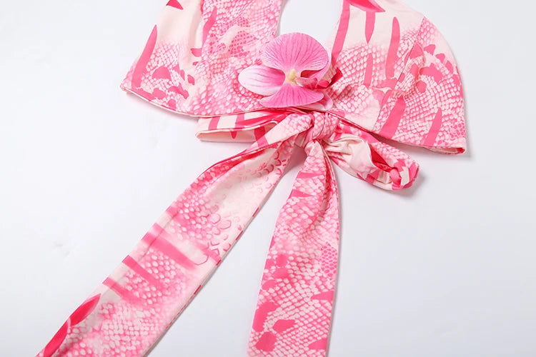 Weird Puss Fashion Patchwork 2 Piece Set Women Pearls Necklace Halter Applique Crop Tops+Skinny Skirts Vacation Beach Style Suit