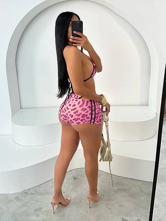 Weird Puss Leopard Print Sexy 3 Piece Set Women Beach Vacation Halter Bra+Panties+Shorts Summer Midnight Matching Party Clubwear