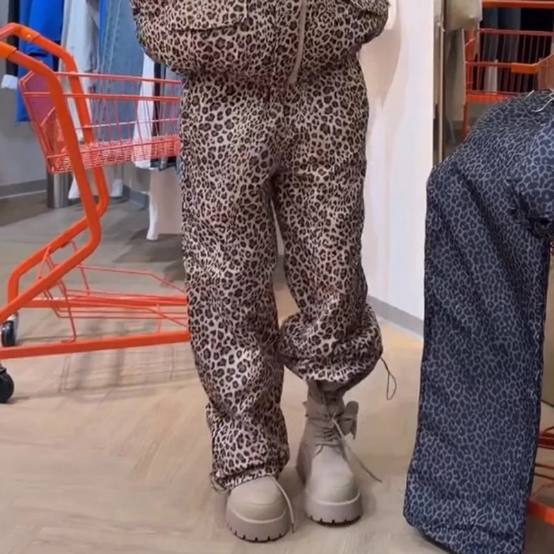 Casual Leopard Printed Hooded Puffer Jacket Pants Set Oversized Zip Up Warm 2026 Winter Women Outdoor Outfit Streetwear Suits